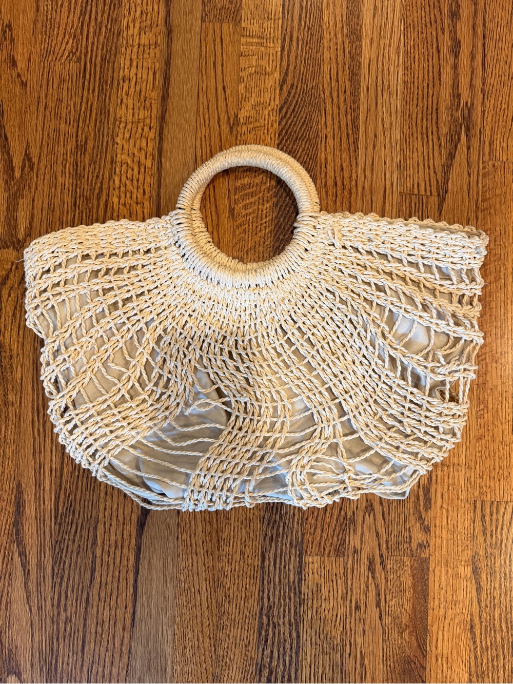 Handwoven Cream Circle-Handle Hobo Bag